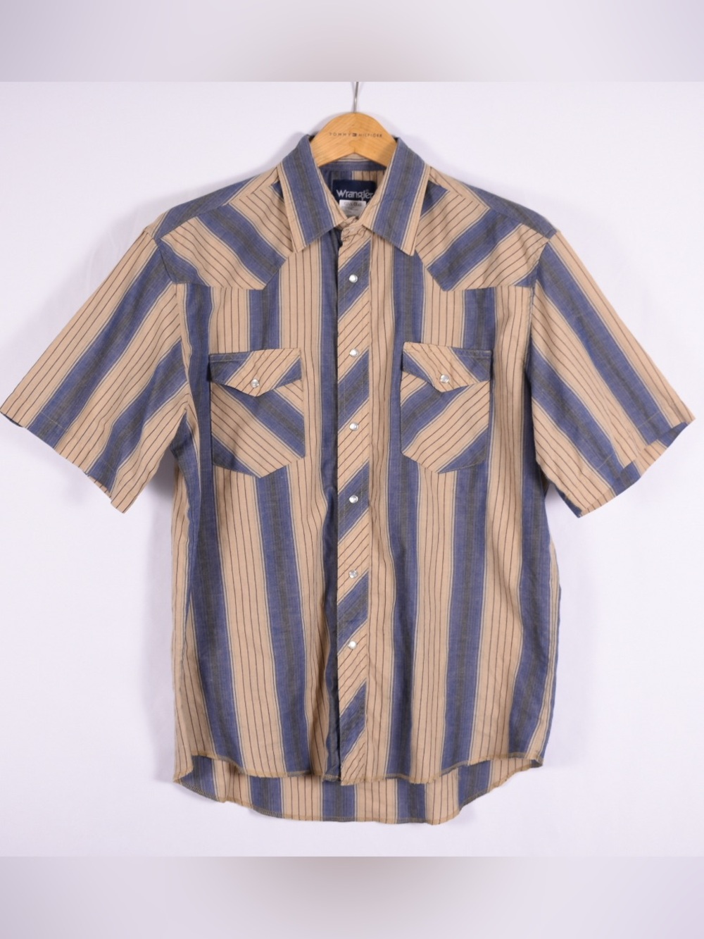 Wrangler Western Blue Tan Striped Pearl Snap Cowboy Shirt Size 16